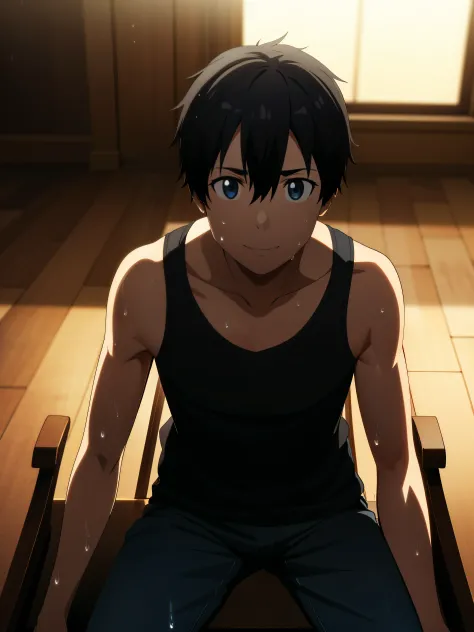 high res, kirito, solo, 1boy, smile, tank top, sweat, siting on the chair, highly detailed, masterpiece, 8k, hyper detailed, studio lighting, physically-based rendering, extremely realistic, vivid colors, cinematic lighting, dramatic shadows, chiaroscuro, ...