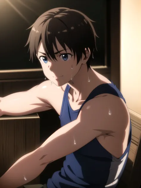 high res, kirito, solo, 1boy, smile, tank top, sweat, siting on the chair, highly detailed, masterpiece, 8k, hyper detailed, studio lighting, physically-based rendering, extremely realistic, vivid colors, cinematic lighting, dramatic shadows, chiaroscuro, ...