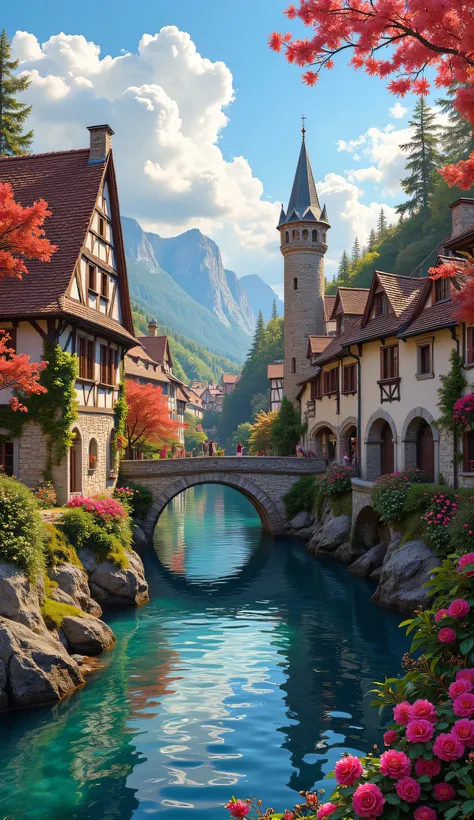 embroidery pattern, 24 colors、medieval European rural masterpiece 、 bright flower color 、 breathtaking , dramatic expressions in intense style 、 Little village 、 Gothic bridges 、 a river 、 ШЕДЕВР BREAK 、 transparent, crystal transparent water, high-quali...