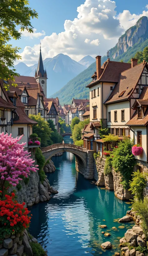 embroidery pattern, 24 colors、medieval European rural masterpiece 、 bright flower color 、 breathtaking , dramatic expressions in intense style 、 Little village 、 Gothic bridges 、 a river 、 ШЕДЕВР BREAK 、 transparent, crystal transparent water, high-quali...