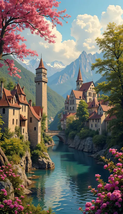 embroidery pattern, 24 colors、medieval European rural masterpiece 、 bright flower color 、 breathtaking , dramatic expressions in intense style 、 Little village 、 Gothic bridges 、 a river 、 ШЕДЕВР BREAK 、 transparent, crystal transparent water, high-quali...