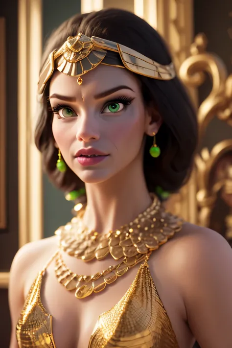 hyper realistic portrait shot of a beautiful egyptian queen, looking down proudly on the camera with her expressive green eyes, tanned skin tone , thin nose , black braided bob hair with golden accessories and jewelries , wearing a white see tough dress
