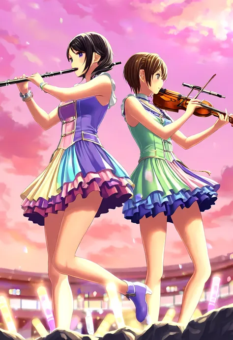 an anime picture of young women musical band playing violin, flute, viola, clarinet, at a rock concert, best details, best details, best quality, 16k, masterpiece, best quality, (extremely detailed), photorealism, depth of field, hyper realistic painting,...