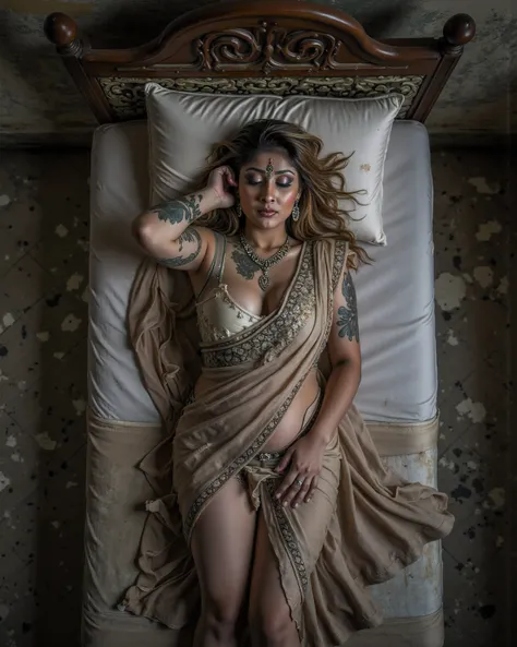 This will be a photo of a homeless indian woman with stained clothes sleeping on extremely dirty bed in an abandoned medieval brothel . View from the top of an 45 Year old Indian Mature lady, plump body, hourglass body figure, sleeping on a bed with eyes c...