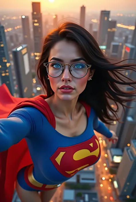 (FLYING SELFIE) A breathtaking blue-eyed heroine hovers high above a vibrant futuristic cityscape, her long, flowing black hair billowing behind her in the evening wind. The golden glow of the setting sun reflects off the towering skyscrapers, casting dram...