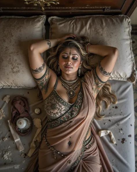 his will be a photo of a homeless indian woman with stained clothes sleeping on extremely dirty bed in an abandoned medieval brothel . View from the top of an 45 Year old Indian Mature lady, plump body, hourglass body figure, sleeping on a bed with eyes cl...