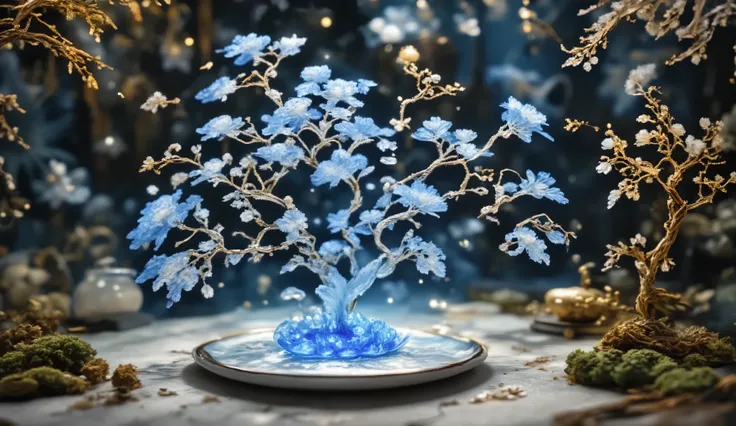 Imagine um **delicate teapot with an intricate porcelain pattern** that are broken into large, irregular pieces. Inside the teapot, a **lush enchanted forest scene** It is revealed. The teapot pieces seem to defy gravity, floating slightly separated from e...