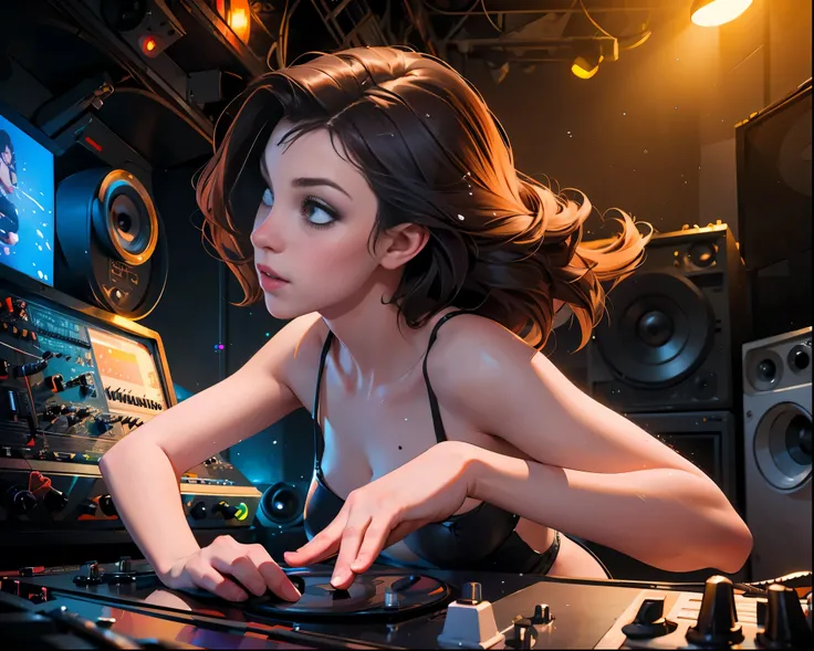 girl_band, 3 girl sexy tanzpose, on the record player, Mixing desk , techno, dance, CLUBMUSIC, splash, ink, paint, photorealistic 8k, professional, high resolution, ultra detailed, physically-based renders, hdr, studio lighting, vivid colors, bokeh, fantas...