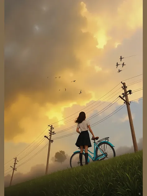 vintage young woman standing in front of her blue bike. Watercolor style, very detailed illustration
