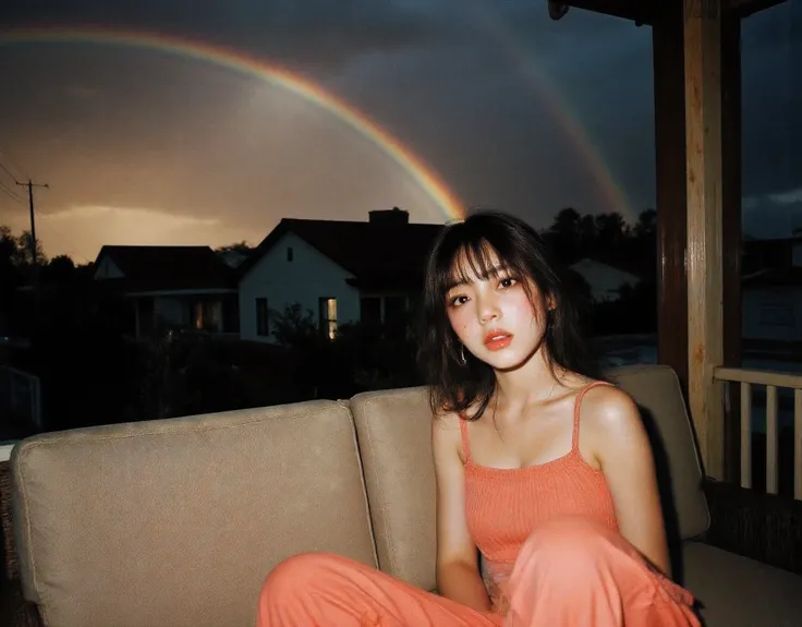 Raining, rainbow, lovely scene (suburban setting background seeing houses and shops from the veranda)Beautiful amber skies (Large and prominent perky breasts showing décolletage and cleavage with a bit of tan lines) Flash photography, gyaru, Aesthetically ...