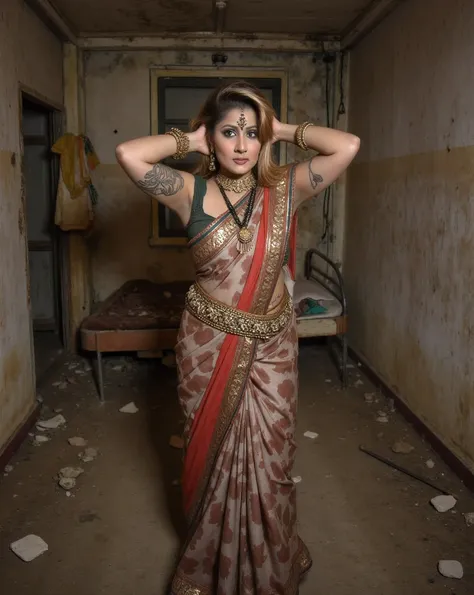 wet skin and hair, hindu tattoo all over her body, massive breasts, blond hair, long straight hair,. (front button blouse and saree, bare lower body, torn, middle chest torn dress, no panties, breasts exposed), 45 Year old Indian Mature lady, plump body, o...