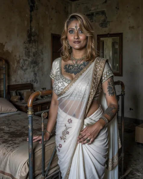 This will be a photo of a homeless indian woman with stained clothes in an abandoned medieval brothel . 35 Year old Indian Mature lady, plump body, hourglass body figure, a mix of expression including smile, pain, orgasm, sleep on face with mouth slightly ...