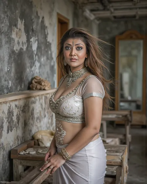 This will be a photo of a homeless indian woman with stained clothes in an abandoned medieval brothel . 35 Year old Indian Mature lady, plump body, hourglass body figure, a mix of expression including smile, pain, orgasm, sleep on face with mouth slightly ...