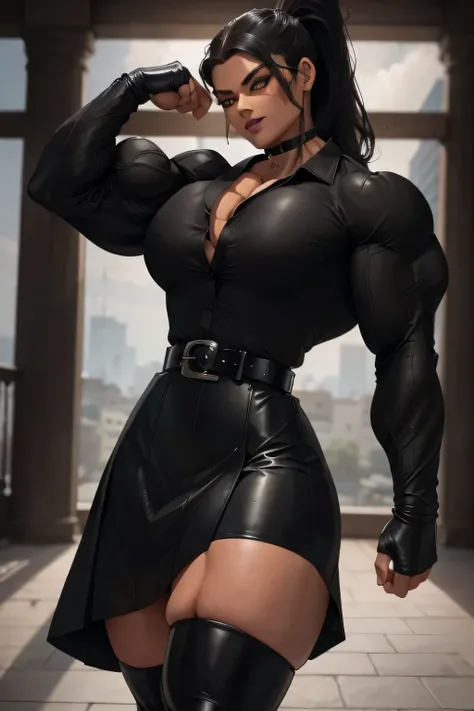 (Full portrait), tall, (jet black hair), beautiful muscular woman, wavy ponytail, black skinned, (smirk), (black lipstick), (massive muscles), (hyper muscle), ((ginormous bulky muscles)), white eyes, ((((long sleeve buttoned black shirt)))), ((((black leat...