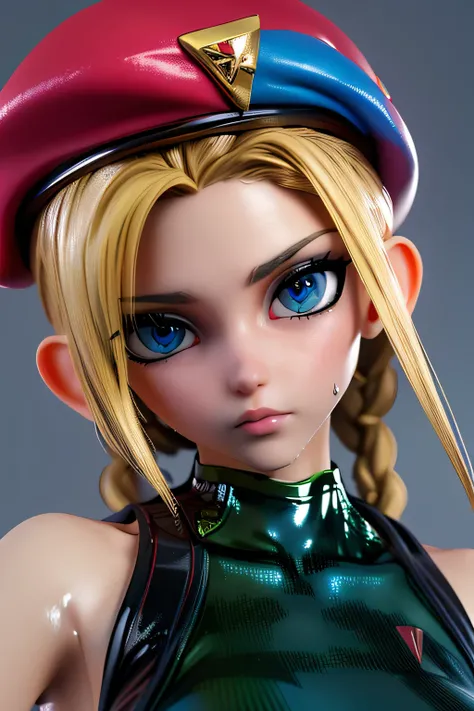 top quality,highest resolution,(((latex green leotard with metallic luster red beret with metallic luster Shiny Blonde blue eyes shiny skin sweat))) cammy twin tails braids girl