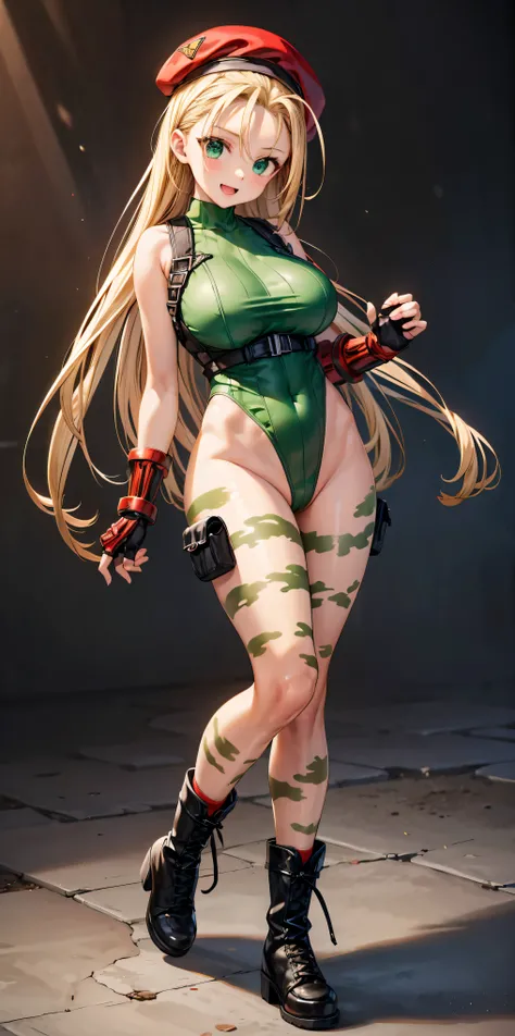 masterpiece、 high image quality、smiles、open mouth、(blonde long hair)、(standing:1.5、 bending arms :1.3、big breasts、SFW Giant Body、long legs)、 blue eyes、cammy white, long hair, blonde hair,  beret , (red headwear:1.3), large breasts, ( green leotard :1.5),ha...