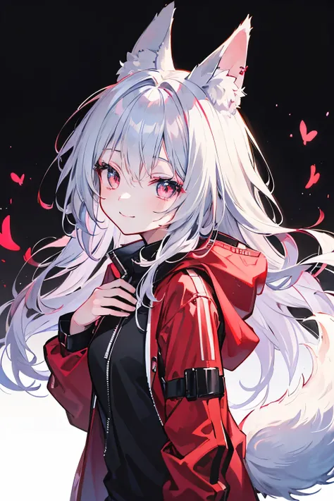 Girl, long black into magenta hair, hair ombré, wolf ears and tail, red tips at the ends of tail and wolf ears, smile, cute, sweet, deep black colored eyes, red jacket