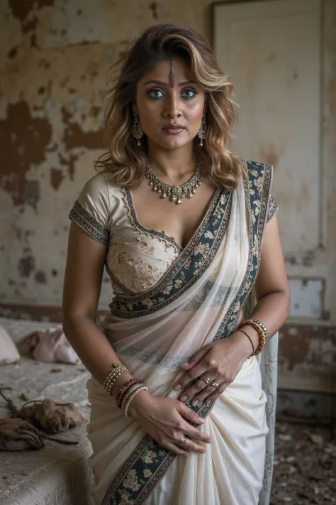 Very good quality portrait to show the beauty of an woman in an urban decay environment, photo of a homeless indian woman, 35 years old, slightly plump body, hourglass body figure, large breasts, a clearly visible deep cleavage, dark brown hairs, straight ...