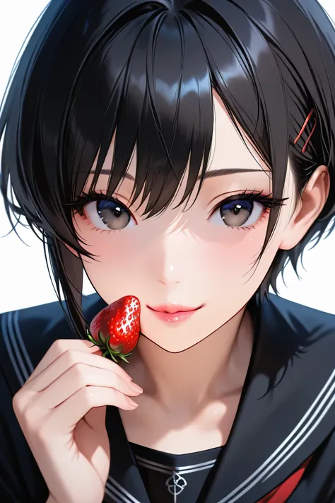 beautiful girl with a sharp focus upper body, puckering her lips to kiss a large strawberry with the number 15 written in white on it; the strawberry appears triangular, emphasizing sensuality solely through her sharply puckered lips. Cell-shaded style wit...