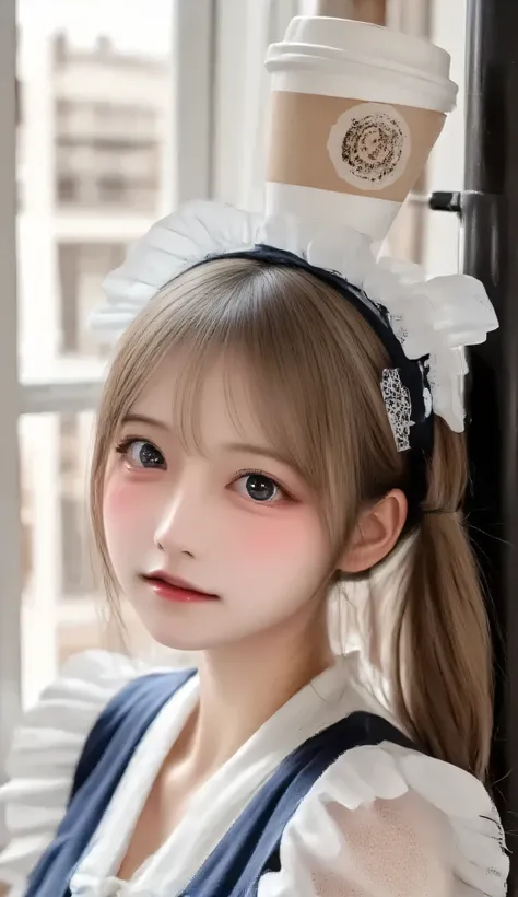 1 woman, high definition, masterpiece, accurate, anatomically correct, 最high quality, high detail, high quality, high definition model, textured skin, Ultra-fine, Hair, ponytail、smiles,, portrait photo on a gal telephone pole, Photo Quality、Maid Outfit、 w...