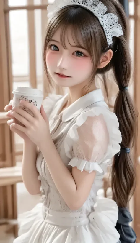 1 woman, high definition, masterpiece, accurate, anatomically correct, 最high quality, high detail, high quality, high definition model, textured skin, Ultra-fine, Hair, ponytail、smiles,, portrait photo on a gal telephone pole, Photo Quality、Maid Outfit、 w...