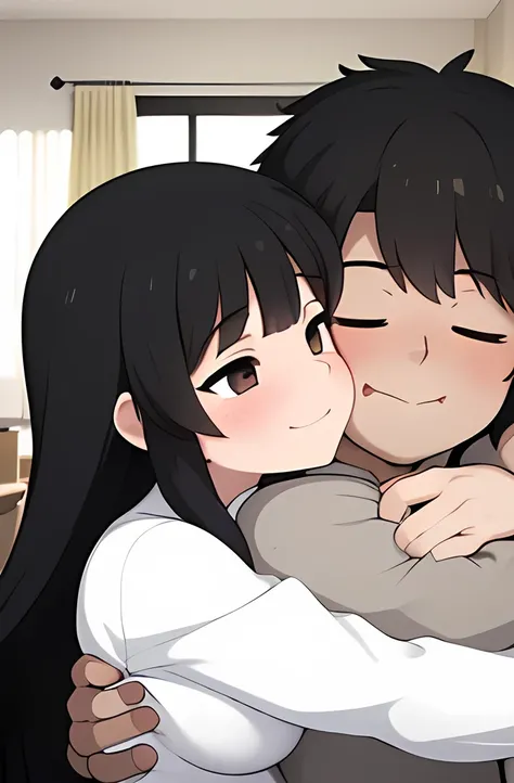 ((( manga))),(((1boy ))),((( 1girl ))),couple,hetero,(((hug:1.9))), 1 boy,Black hair, 2 girl,(((milf))),black hair,(long hair),bangs,black eyes,brown eyes,(droopy eyes),toll stature,(huge breasts),sagging breasts,,chubby,white shirt,Grey Pleated Skirt,smil...