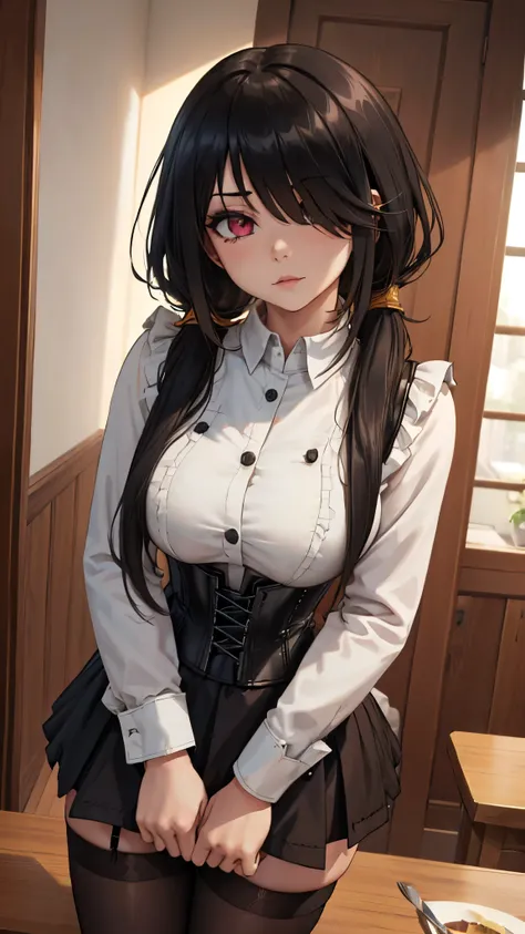 ((8K)), ((Chef d'oeuvre )), Kurumi Tokisaki, live quote , ((seen from above)), collar:1.6, ((comforter against her panties)), (pantyhose), ((Base gray )), Big Breasts, ((Base gray )), ( very high image quality ), (jewelry), ( Fine, detailed eyes and detail...