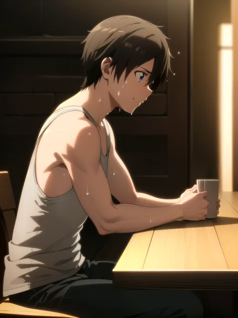 high res, kirito, solo, 1boy, smile, tank top, sweat, siting on the chair, highly detailed, masterpiece, 8k, hyper detailed, studio lighting, physically-based rendering, extremely realistic, vivid colors, cinematic lighting, dramatic shadows, chiaroscuro, ...