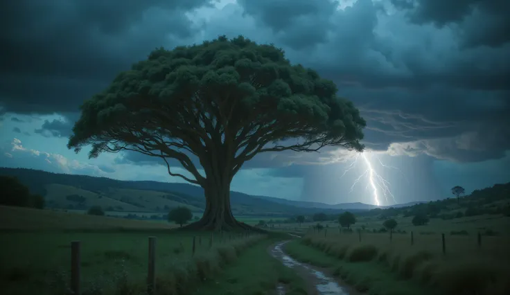 Summer storm,flashes behind a tree,is flying in the wind,storm clouds,thunder,pasture,tree-lined street,there is a riverbank and a hill in the distance,dark atmosphere,lead sky,storm and wind