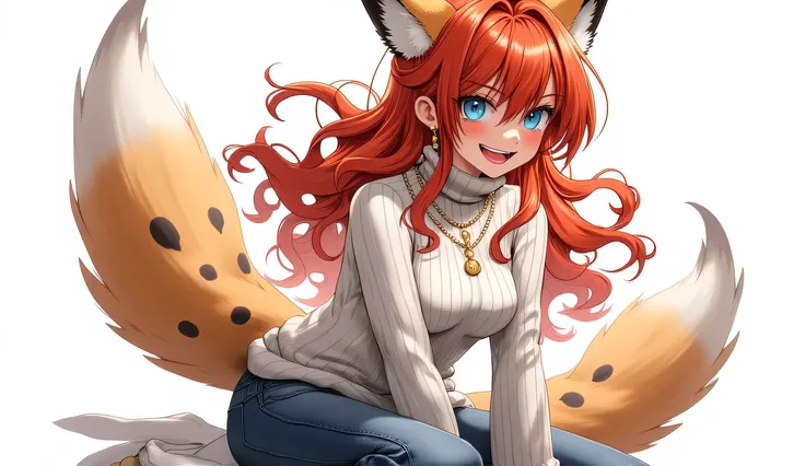 digital_media_(artwork) Hello_cut, check_9, check_8_up, check_7_up, check_6_up, source_fluffy, refinement_safe, anthro, fluffy, woman , fluffy woman , detailed textured fur, fur tufts, lynx, red hair, light brown fur, spots, beautiful blue eyes, medium ...