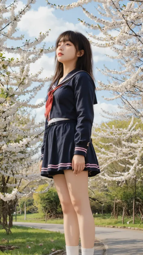 (full_body_shot:1.5), (8k, RAW photography:1.5), (masterpiece:1.3), (realistic:1.4), (photorealistic:1.3), professional lighting, (highly detailed:1.4), (deliberate expression:1.4), (Girls wearing a navy blue long-sleeved sailor suits with pink lines:1.5),...