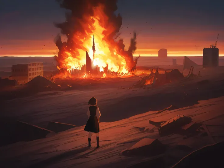 Cataclysm Fund,  destroyed buildings,on fire,anime,predios caindo on fire,  landscape only