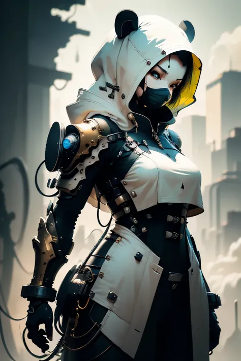 a half elephant half panda bear, standing in a lush green grassy field, angry, half elephant, hooded puffer jacket, gold chain, hip hop style, mechanical parts, robotic machine parts, drooling angry, blue and black, panda bear with long elephant trunk, bla...