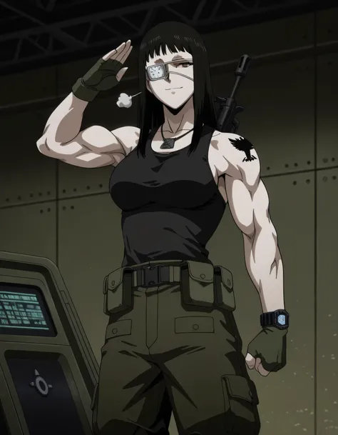 1girl,solo,mm,mature female,black hair,eyepatch,brown eyes,medium breasts,anime coloring,long hair, muscular, black sport Elastic fiber tank top and dark black loose military combat trousers with belt,cowboy shot,in military base, ,masterpiece,best ...