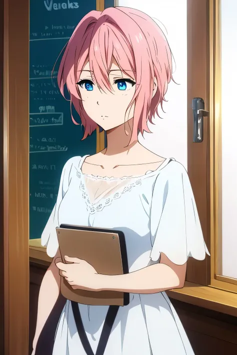 high quality, Definition, male short pink hair, blue eyes, wending white dress