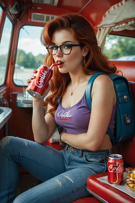 a 25 year old woman, wearing nerdy glasses, red hair with a few freckles, wearing a purple tank top and jeans, drinking a red soda can with the words CUCKCOLA written on it, sitting in a retro diner, next to a camping backpack with some cute embroidery ful...
