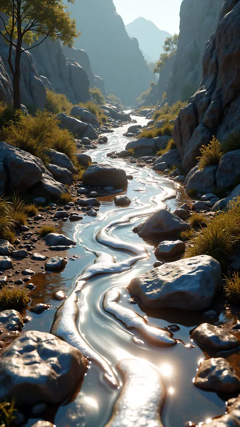 **Prompt:** Imagine a prehistoric Environmental scenery where the liquid stream aluminium metal flowing over the prehistoric Environment. Scrap aluminium metallic stones scattered over the scenery. Realistic texture depth scenery.