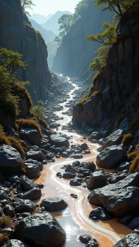 **Prompt:** Imagine a prehistoric Environmental scenery where the liquid stream aluminium metal flowing over the prehistoric Environment. Scrap aluminium metallic stones scattered over the scenery. Realistic texture depth scenery.