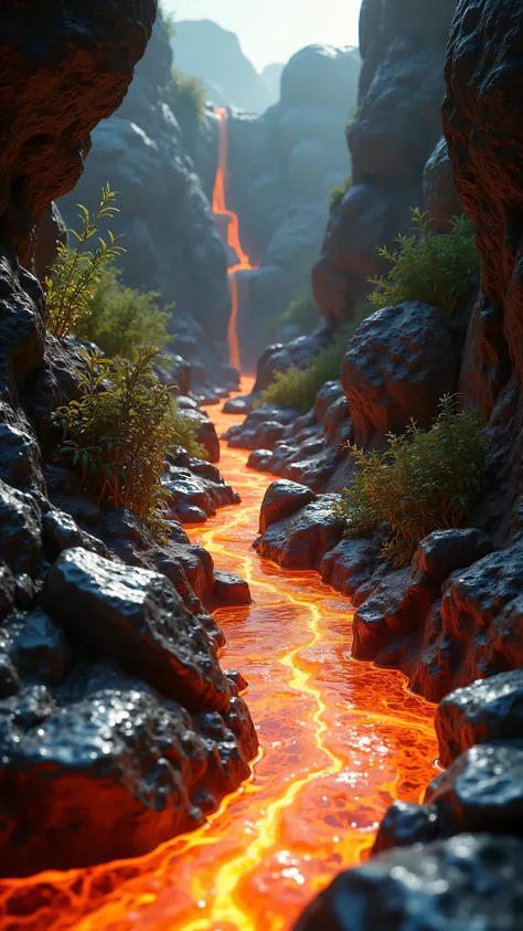 **Prompt:** Imagine a prehistoric Environmental scenery where the liquid stream aluminium metal flowing over the prehistoric Environment. Scrap aluminium metallic stones scattered over the scenery. Realistic texture depth scenery.