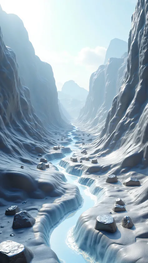 **Prompt:** Imagine a prehistoric Environmental aluminium world scenery where the liquid stream aluminium metal flowing over the prehistoric Environment. Scrap aluminium metallic stones scattered over the aluminium world scenery. Realistic texture depth sc...