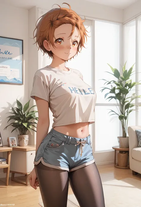 An image of Yuitsuka Inori with flat, flushed breasts, with a white t-shirt , blue shorts and black tights standing saying hello in a room