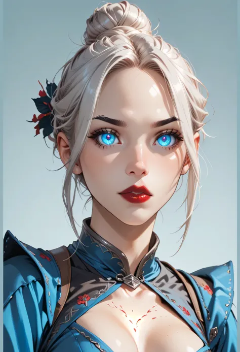 simple background, perfect face, (hair bun, bright silve hair), (forehead), black thin eyebrows, (big glowing blue eyes), thick red lipstick, beautiful woman, fantasy medieval clothes, medium breasts, (pov), (looking at viewer)