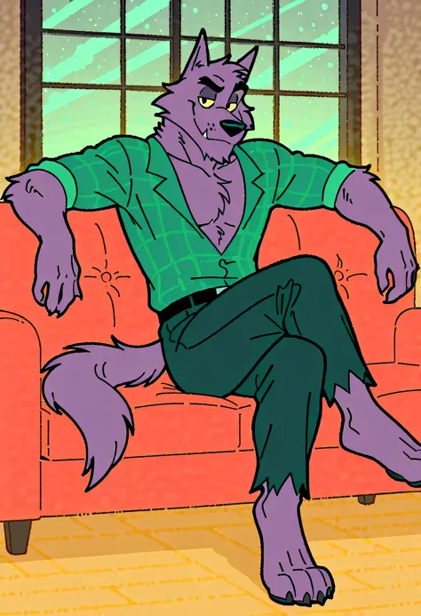 masterpiece, detailed, detailed eyes, detailed face, detailed hands, solo, adult male, bernard_mettle, werewolf, purple fur, yellow sclera, teal flannel shirt, furry chest, black belt, dark blue pants, barefoot, sitting in an couch with crossed legs, with ...