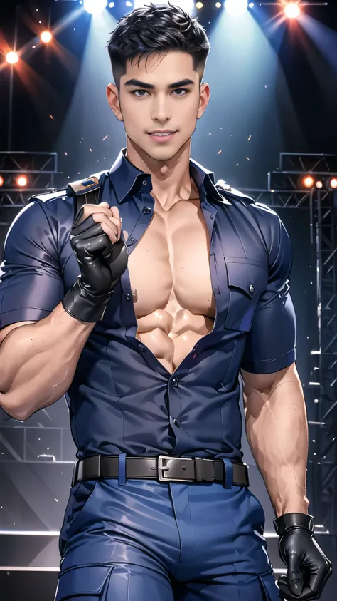 handsome man sit on stage ,(crew cut short hair:1.2),black eye,smile,open mouth (navy police uniform and t-shirt:1.2),(open shirt short sleeves:1.2),collar,(shirt covered over:1.2),(name tag and Police badge:1.2),(shirt no buttons:1.1),(black_gloves:1.3), ...