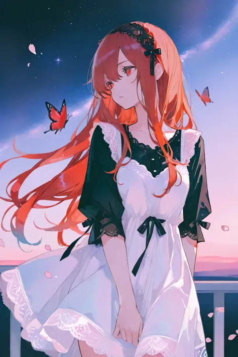 masterpiece, best quality, ultra detailed black shirt, an anime-style scene featuring a young woman with long hair, flowing and big red hair, bright red eyes. She stands in space with stars in the background her soft and curious expression as she looks ove...