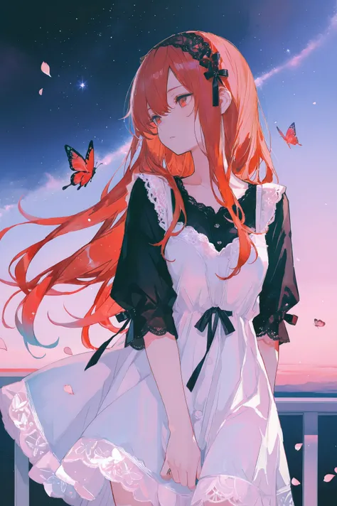 masterpiece, best quality, ultra detailed black shirt, an anime-style scene featuring a young woman with long hair, flowing and big red hair, bright red eyes. She stands in space with stars in the background her soft and curious expression as she looks ove...