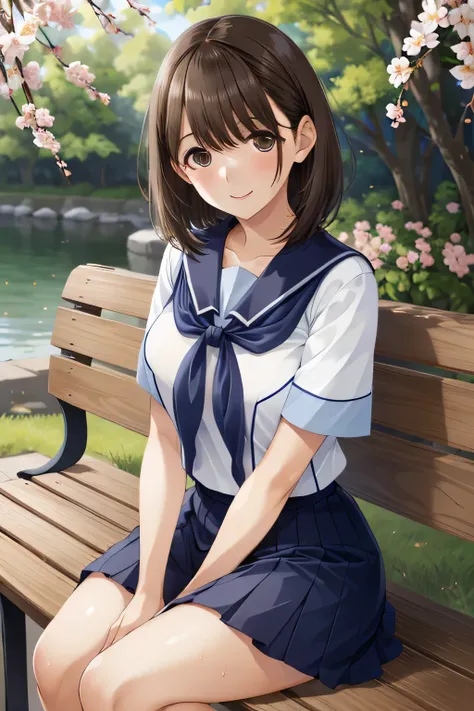 1girl, shiny hair,  Light brown hair,  short hair, brown eyes, short sleeve white sailor suit,  navy blue mini pleated skirt, Bare thighs, Large Breasts, sweat, A gentle smile with love struck, Sitting on a bench, patting a viewer, at riverside with cherry...