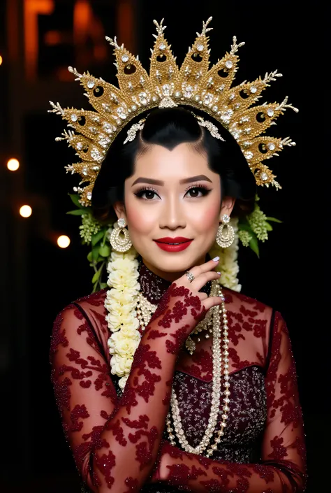 A woman ,Her attire is rich in detail and color,dramatis backdrop with hints of orange and gold. She wears a deep burgundy dress made of intricate lace and embellished with numerous sparkling rhinestones and sequins. The dress features a high neckline and ...