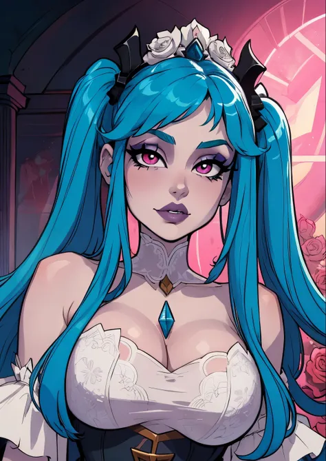 masterpiece, best quality, 1female, beautiful, face portrait, 1girl, face focus, deep makeup, cell shading, straight hair, long hair, goth, blue hair, sona, twintails, pale skin, crystal rose sona