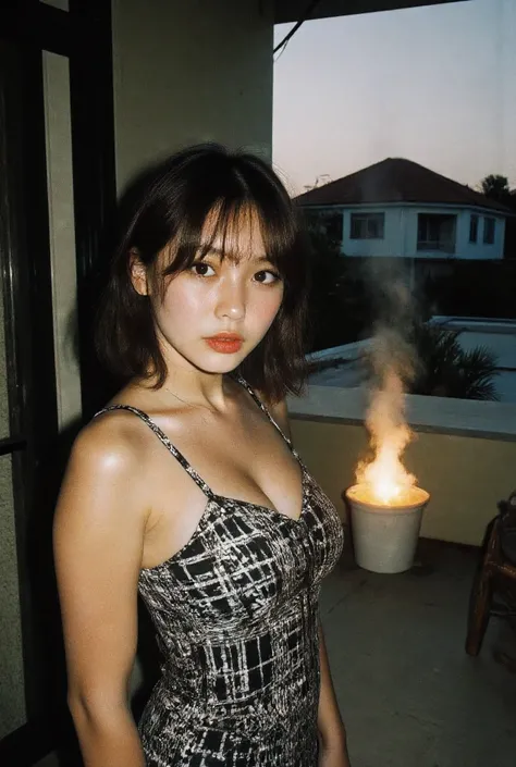 Photo from the side, candid photo, (suburban setting background seeing houses and shops from the veranda)Beautiful amber skies (Large and prominent perky breasts showing décolletage and cleavage with a bit of tan lines) Flash photography, gyaru, Aesthetic...